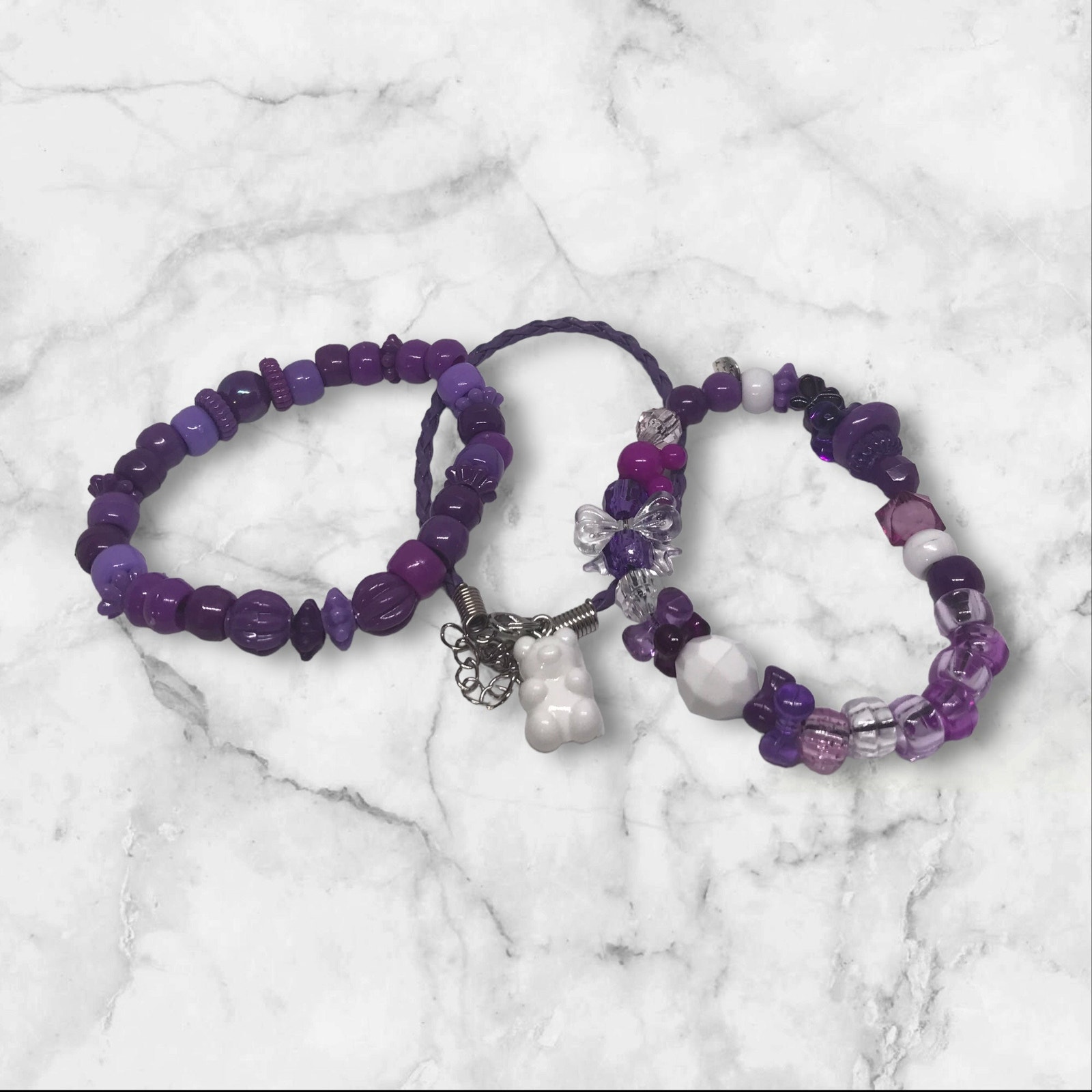 Handmade Bracelet Set Grape Soda Purple & White Stretch & Leather Bear Charm